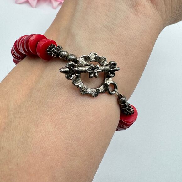 Chunky Red Dyed Bamboo Coral Toggle Clasp Bracelet Bali Style Beads Bohemian Big - Picture 7 of 10